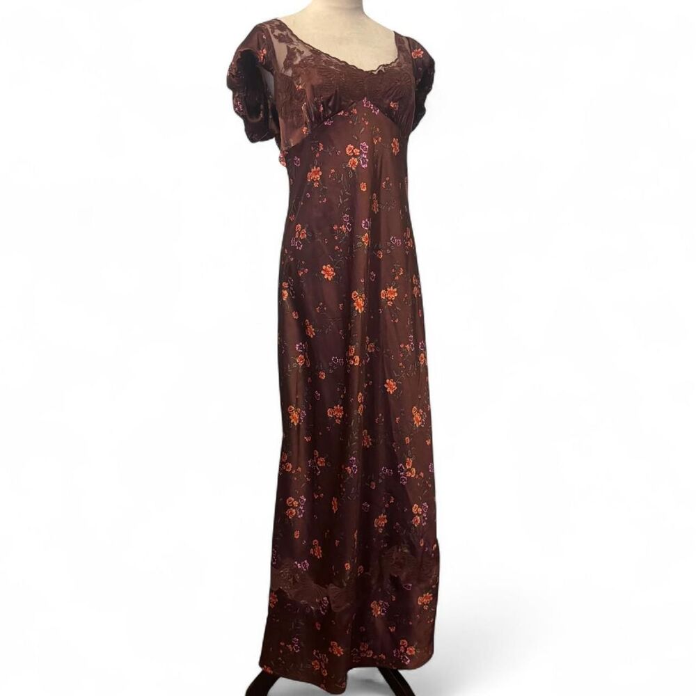 Free People Butterfly Babe Brown Floral Milkmaid Maxi Slip Dress Bias Cut Size L - Picture 4 of 8